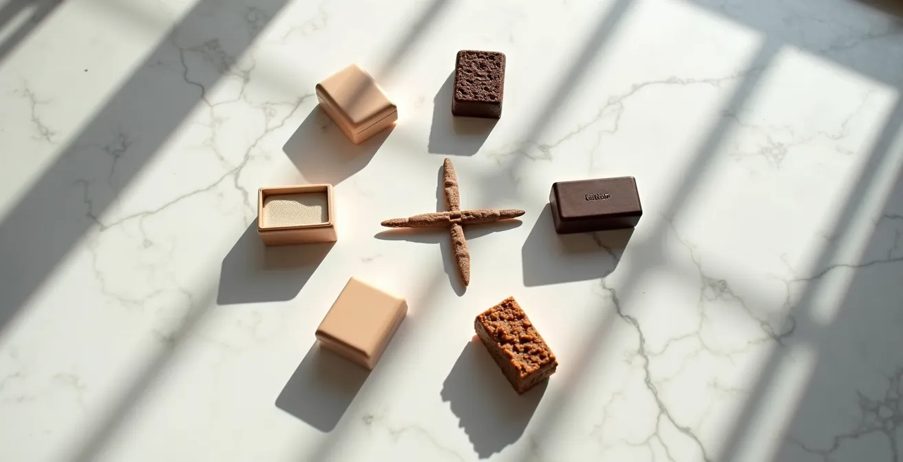 Kit minimaliste de 5 produits cosmétiques essentiels pour voyager, arrangés de manière artistique sur une surface en marbre.