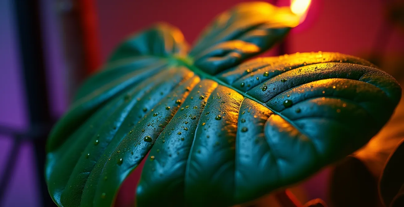 Lampe DEL éclairant des plantes tropicales dans un salon québécois, illustrant l'éclairage d'appoint fonctionnel.