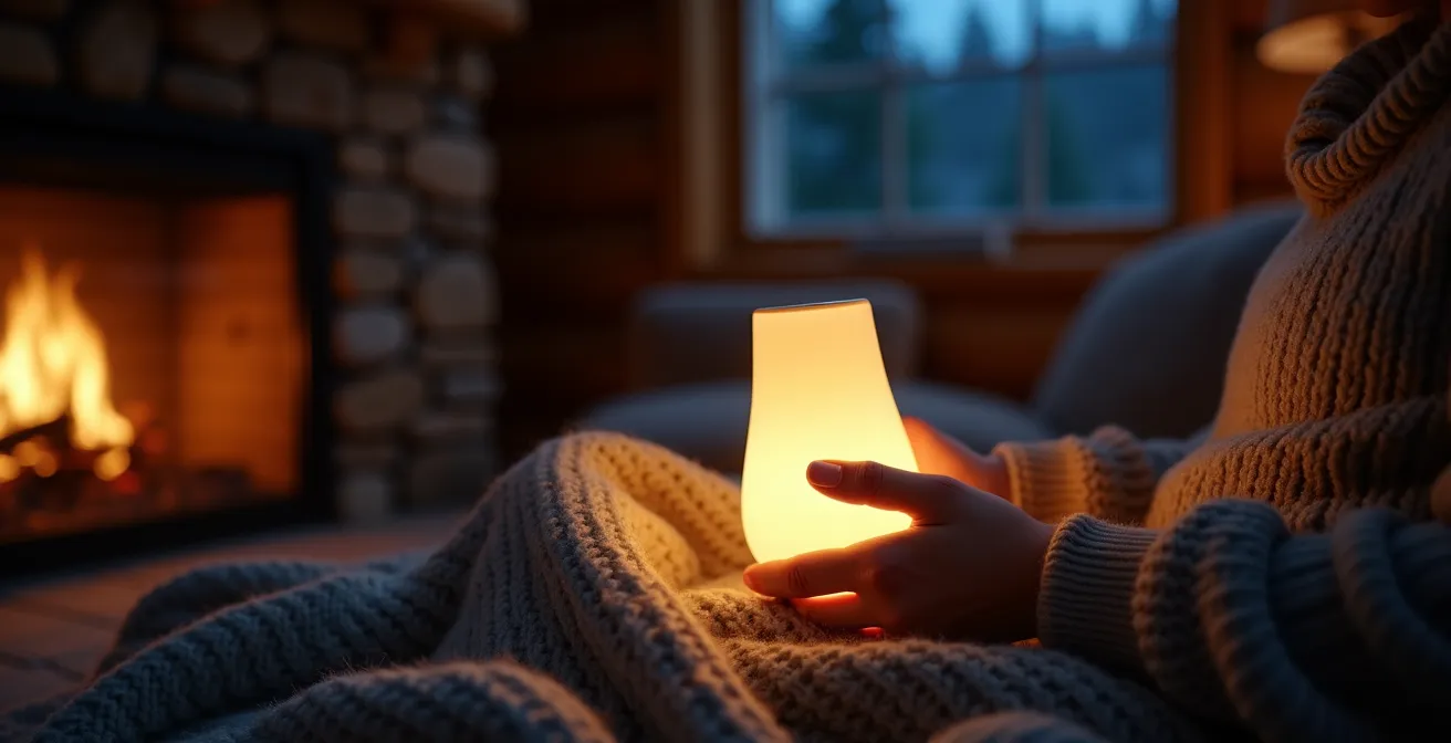 Une personne utilisant une lampe de lecture portable dans un chalet québécois, créant une ambiance intime et cosy.