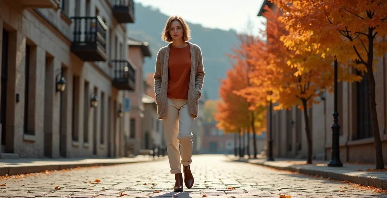 Tenue d'automne en couches avec lin dans le décor historique du Vieux-Québec