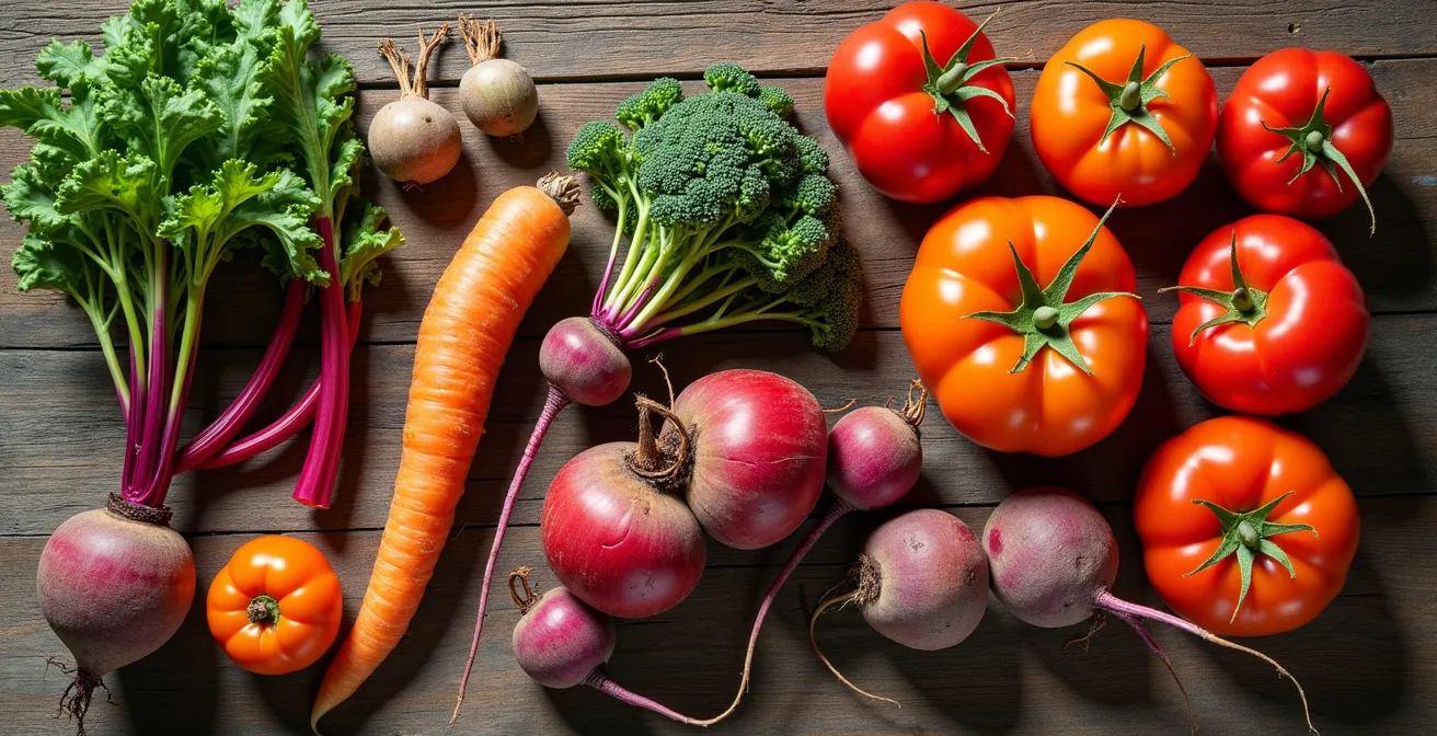 Assortiment de légumes biologiques aux formes irrégulières disposés artistiquement sur une table de bois rustique