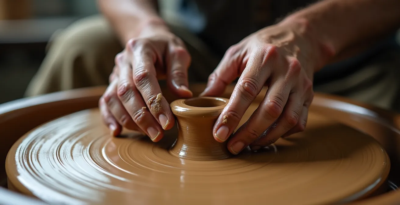Gros plan sur les mains expertes d'un céramiste québécois façonnant délicatement une pièce unique, montrant la texture de l'argile et le geste précis