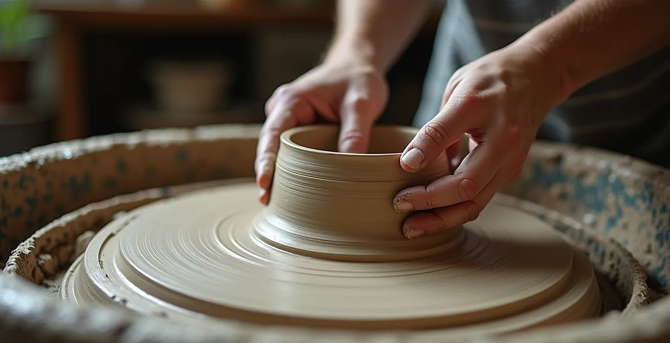 Gros plan sur les mains d'un céramiste québécois façonnant l'argile humide sur un tour de potier.