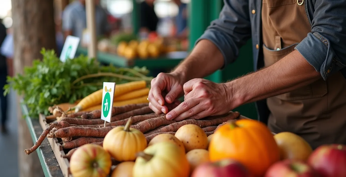 Étal de marché fermier québécois avec produits locaux de saison et étiquettes de prix