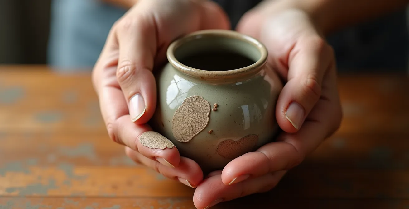 Détail macro de mains tenant délicatement une céramique artisanale avec texture visible