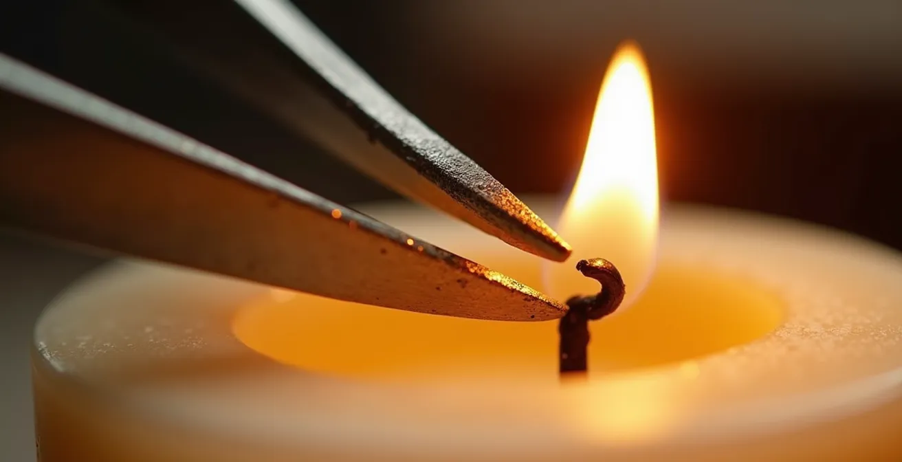 Gros plan macro d'une mèche de bougie en bois étant coupée avec des ciseaux de précision à 5-6mm de hauteur