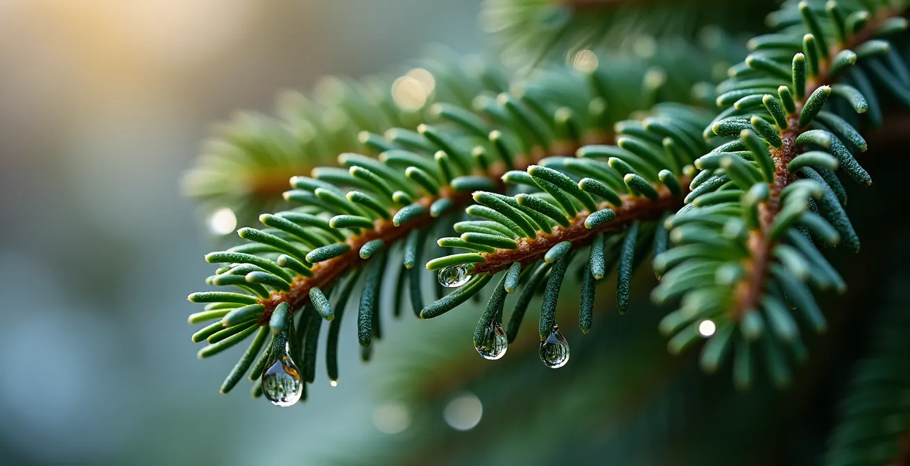 Gros plan sur des branches d'épinette noire et de sapin baumier avec gouttes d'huile essentielle