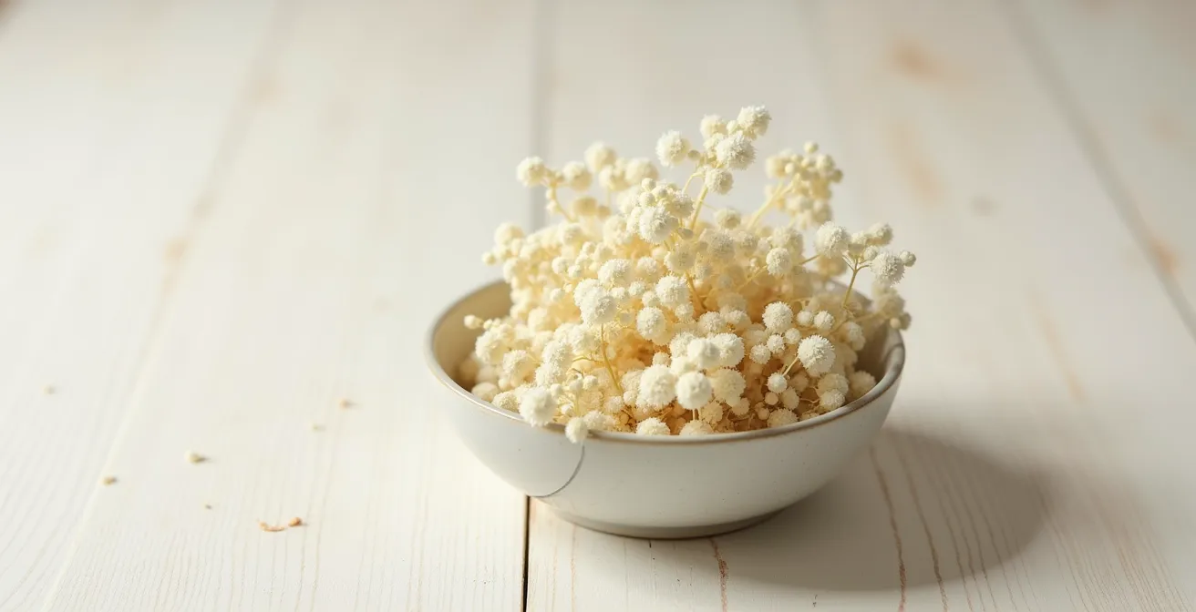 Fleurs blanches de mélilot séchées dans un bol artisanal