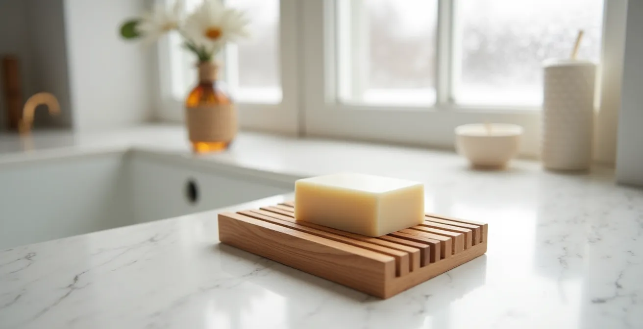 Porte-savon en bois d'érable québécois avec savon artisanal dans une salle de bain lumineuse, illustrant une bonne conservation