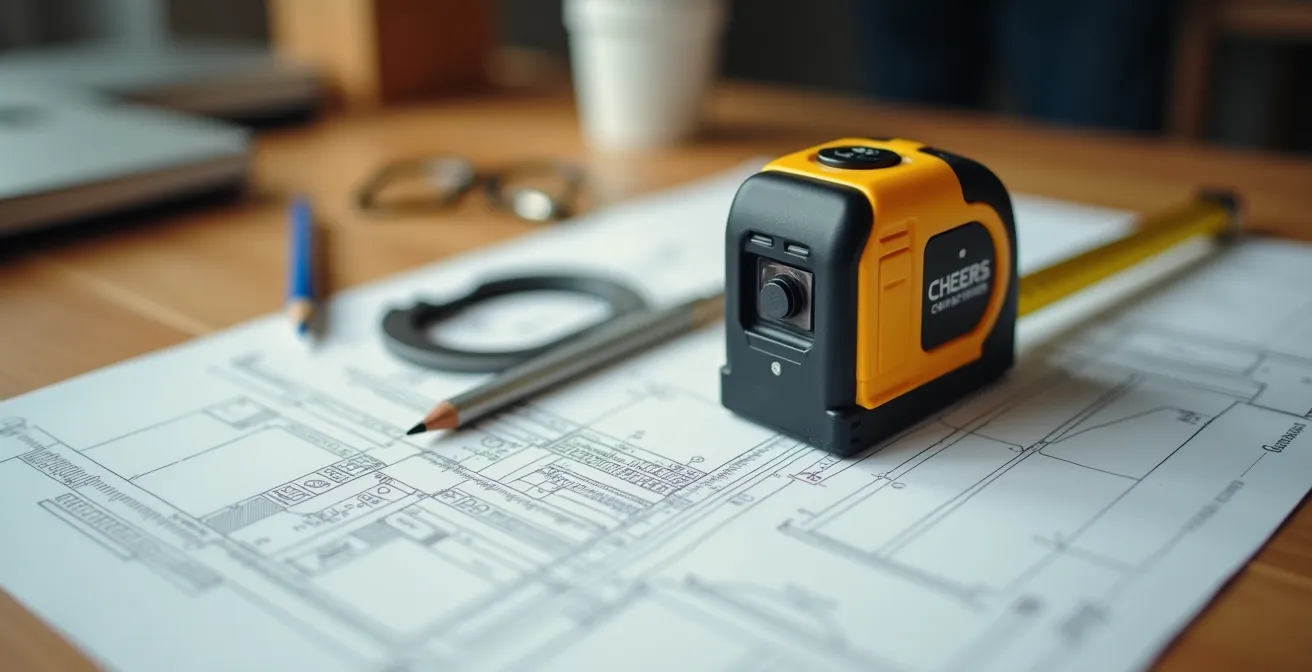 Gros plan sur des outils de mesure professionnels et des croquis d'aménagement sur une table de travail