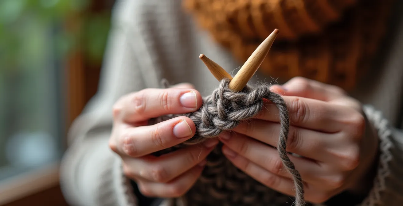 Mains tenant un col en tricot circulaire avec grosse laine québécoise colorée