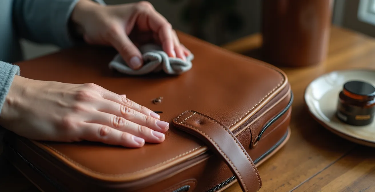 Mains appliquant une technique de réparation sur une griffure de sac en cuir avec produits québécois