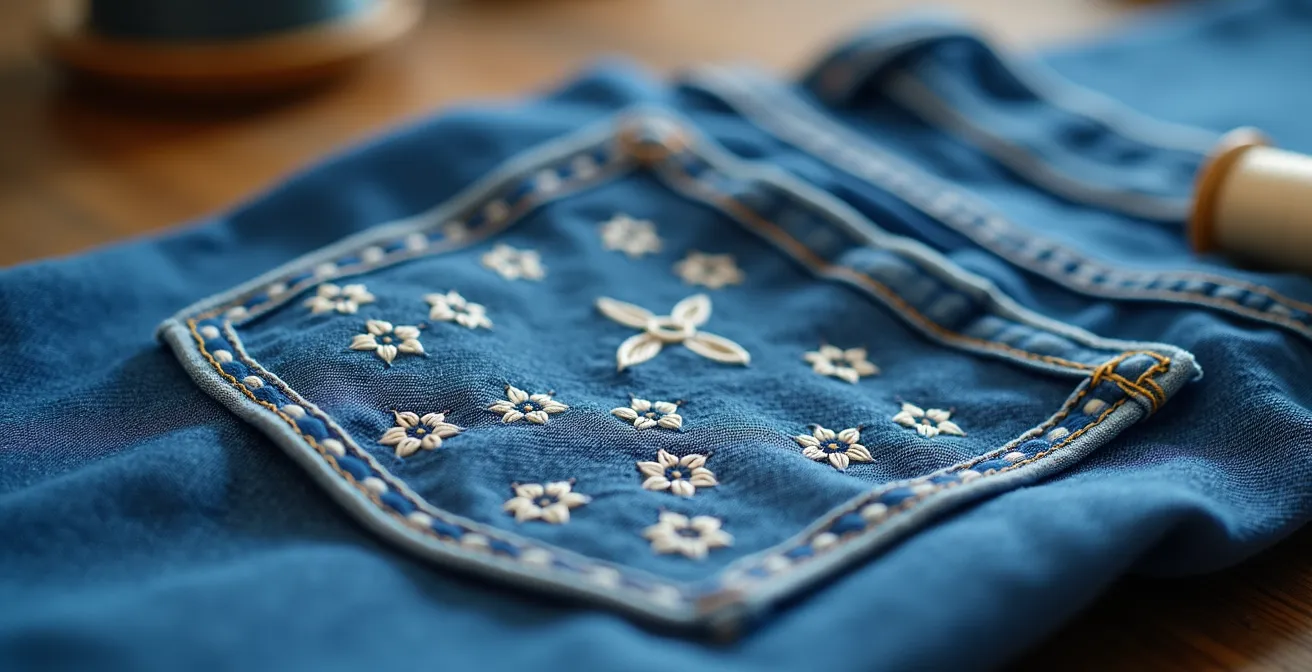 Gros plan macro sur une réparation décorative de jean avec technique sashiko, fils colorés formant des motifs géométriques