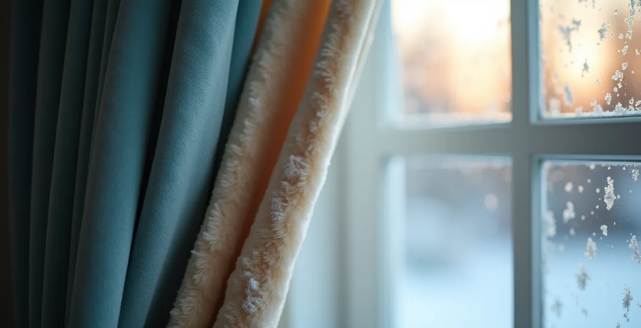 Rideaux thermiques épais en velours installés devant une fenêtre québécoise givrée en hiver