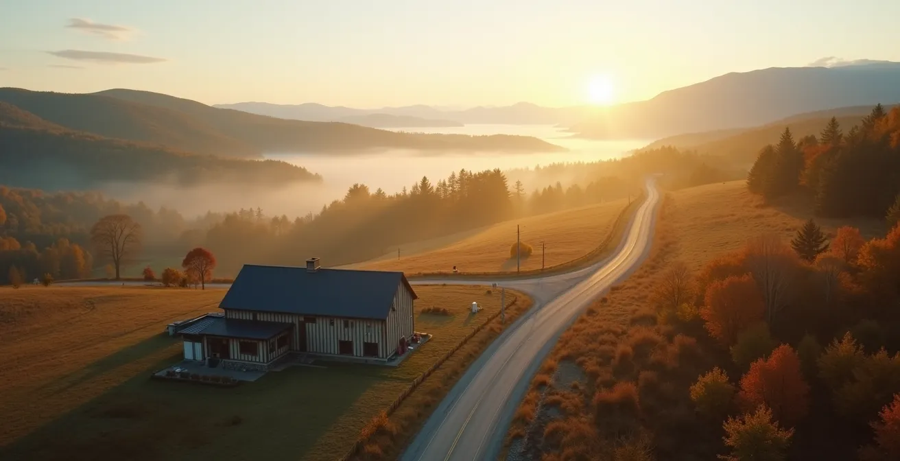 Vue panoramique d'un atelier d'artisan niché dans le paysage vallonné de Charlevoix avec la route serpentant vers d'autres destinations artisanales