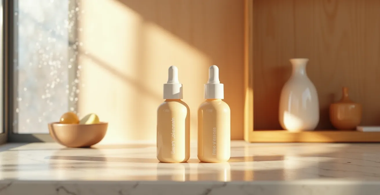 Composition minimaliste avec deux flacons de sérum dans un environnement évoquant le jour et la nuit