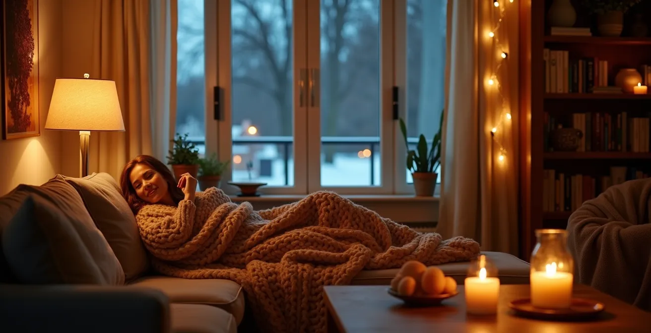 Salon québécois avec éclairage multicouche créant une ambiance chaleureuse hivernale