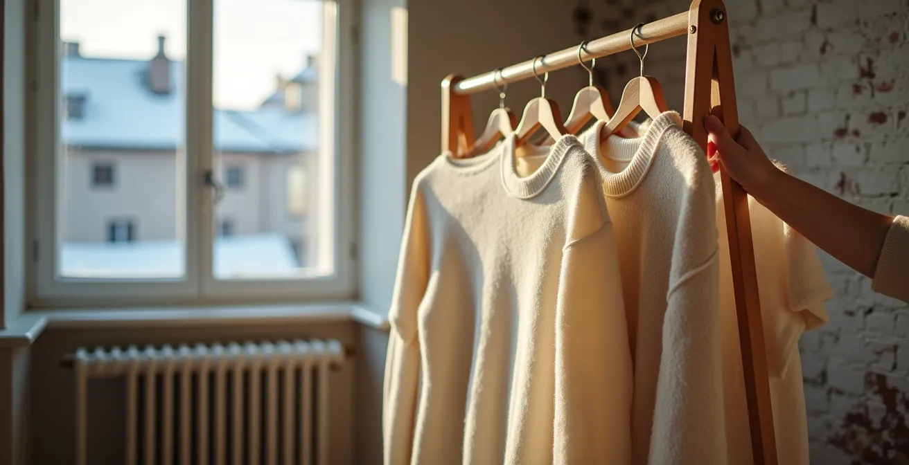 Vêtements en fibres naturelles séchant sur un support en bois dans un appartement lumineux avec vue floue sur l'hiver québécois