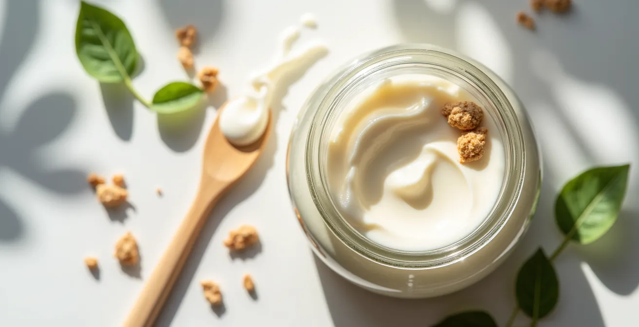 Pot de crème naturelle ouvert avec symbole PAO visible et ingrédients botaniques