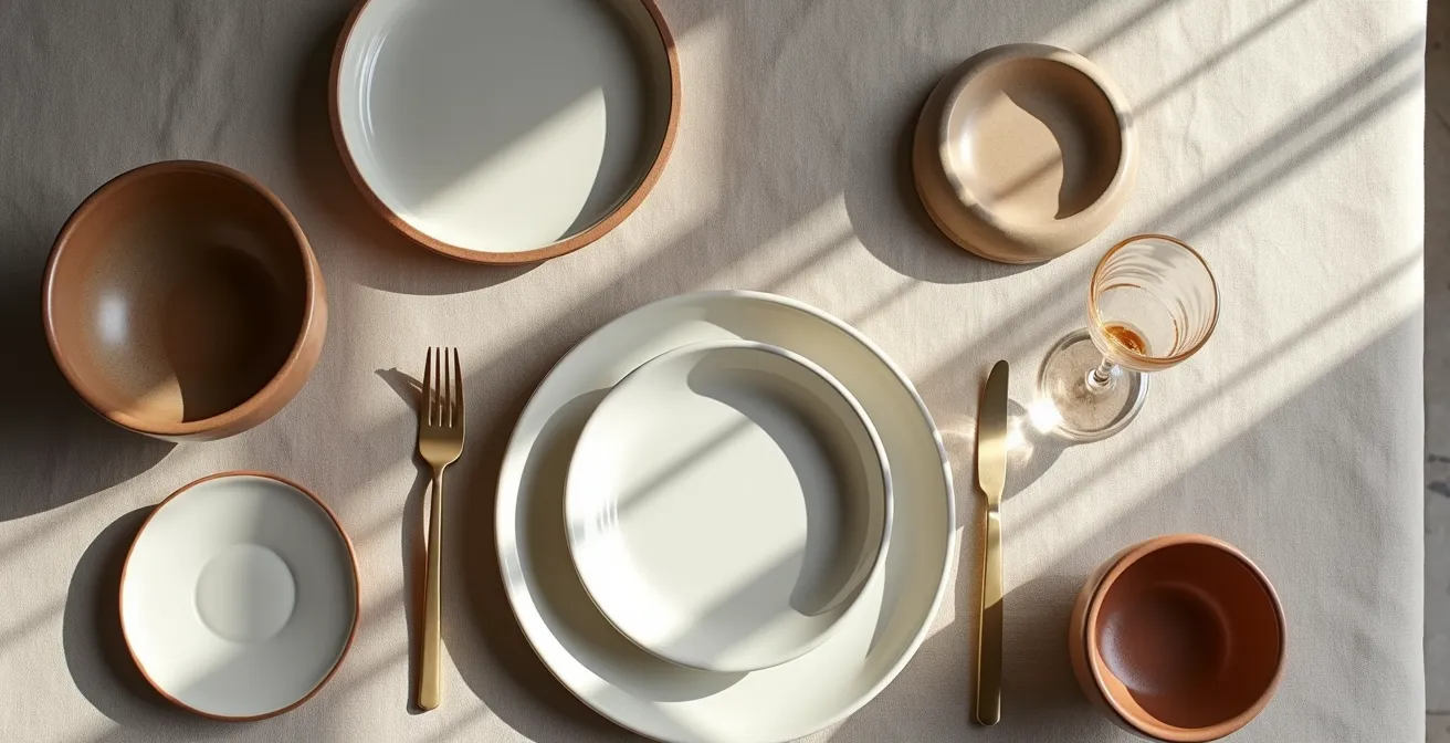 Table dressée avec un mélange harmonieux de céramique artisanale du Québec et de vaisselle moderne blanche.