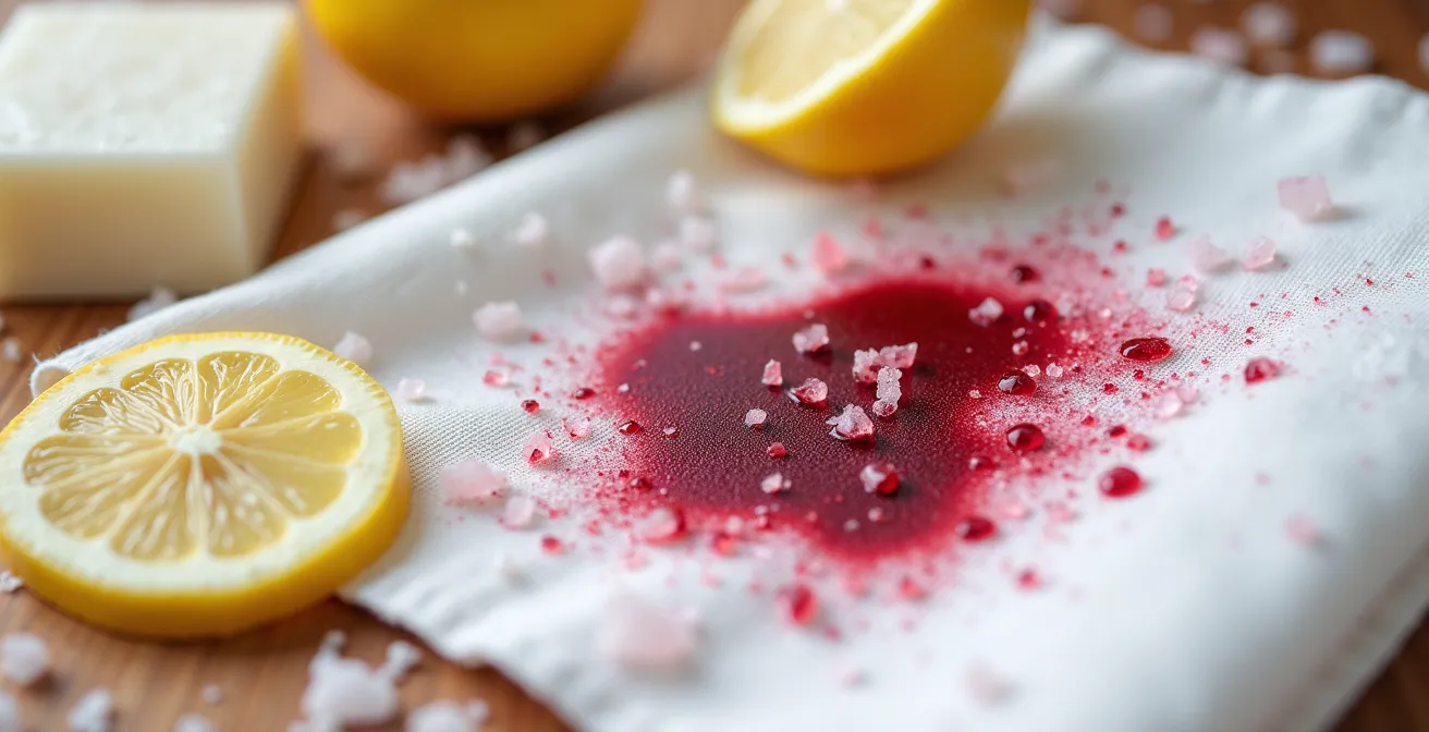 Gros plan sur une nappe blanche avec traces de vin rouge et produits naturels de traitement
