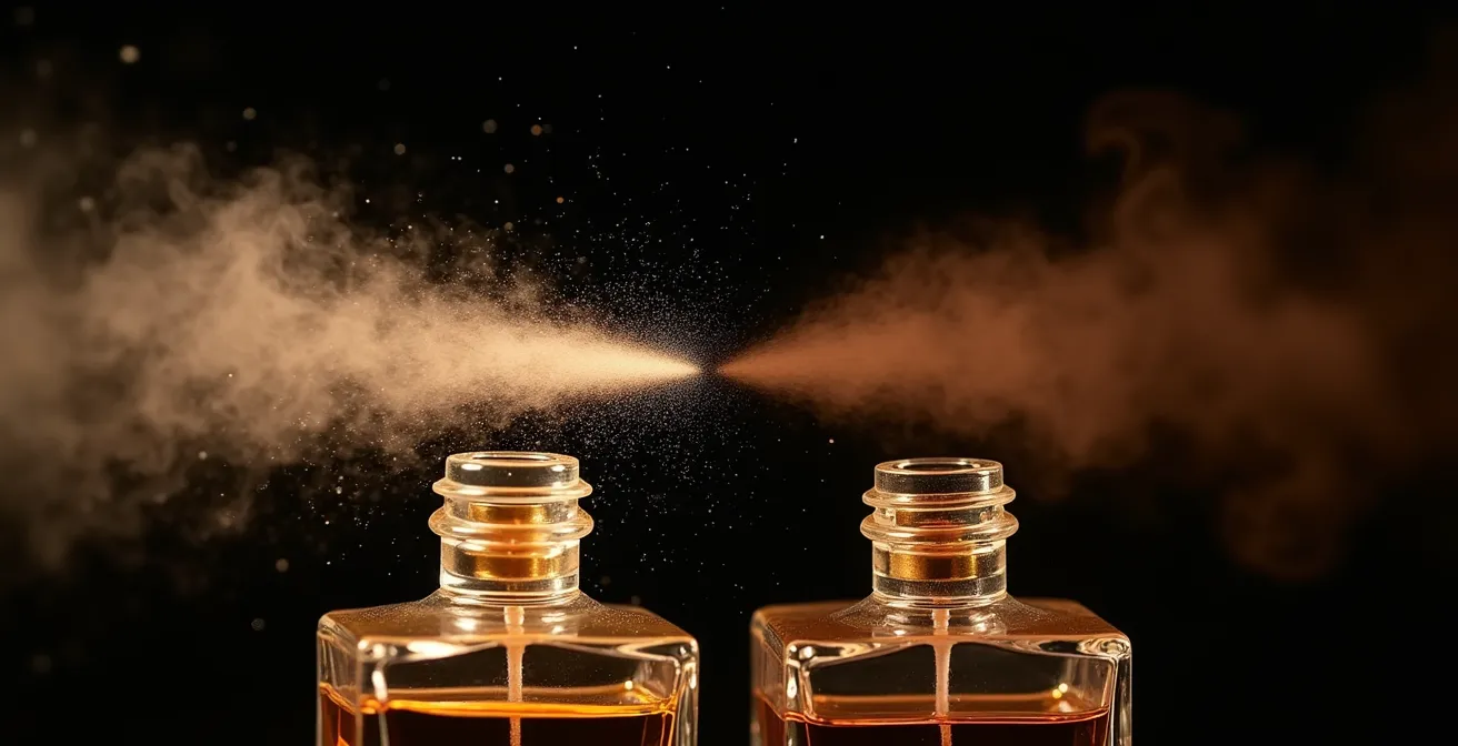 Démonstration visuelle de la technique de superposition de parfums avec deux flacons et leurs essences se mélangeant