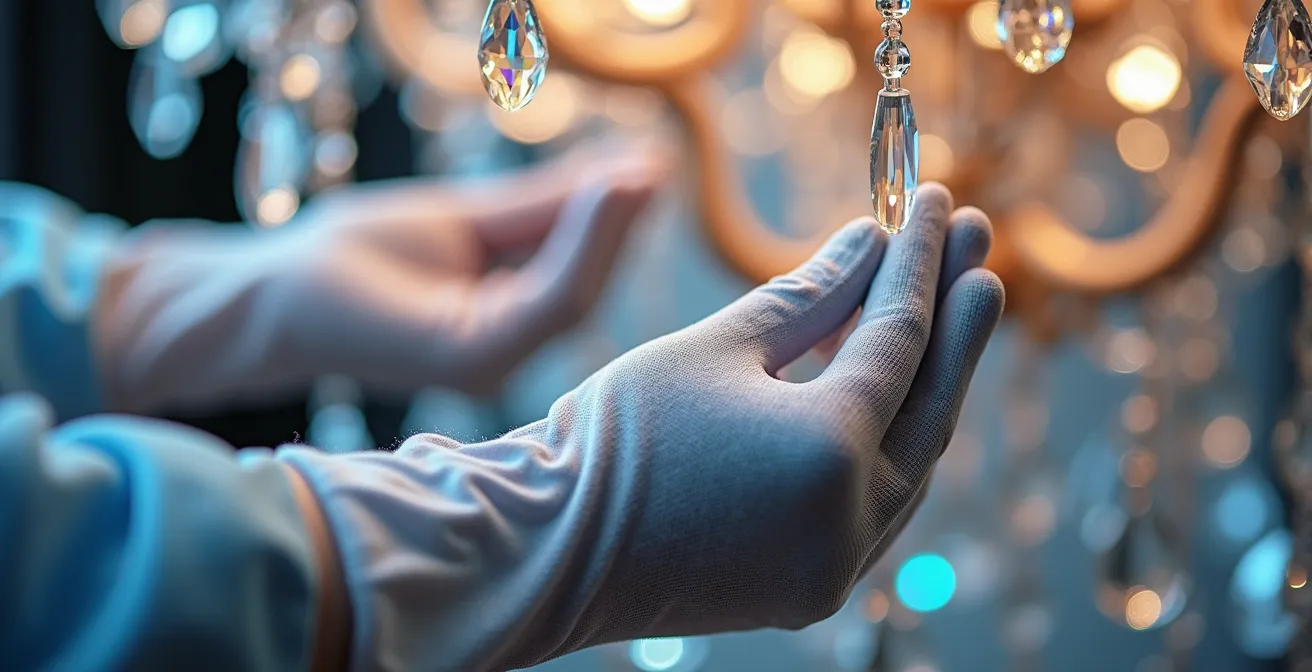 Mains avec gants en microfibre nettoyant délicatement les cristaux d'un lustre