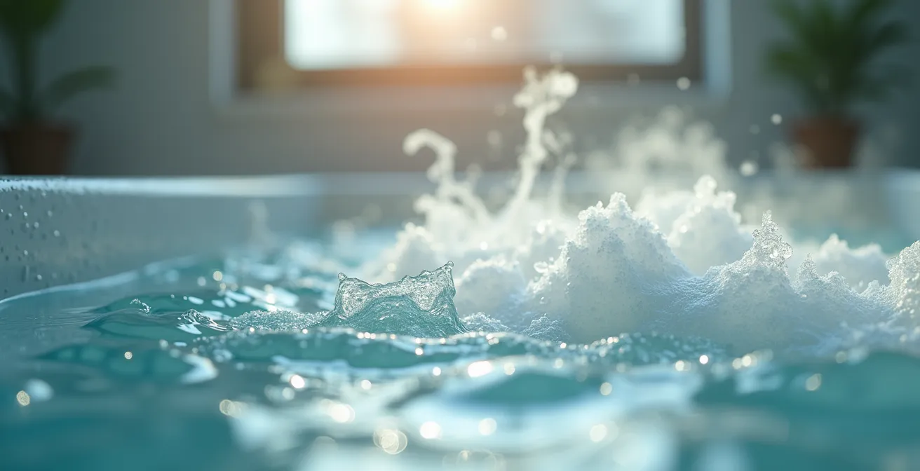 Baignoire avec vapeur d'eau chaude et thermomètre flottant indiquant la température