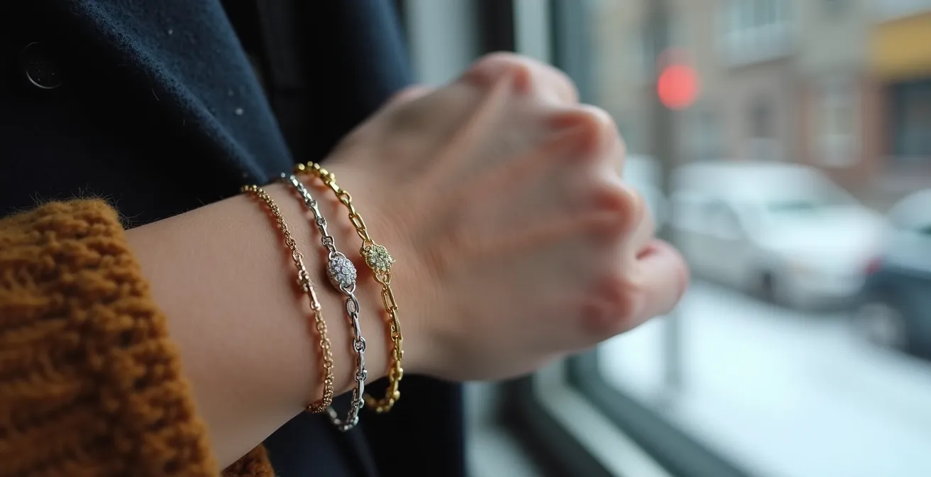 Test de bijoux dorés et argentés sur poignet avec éclairage naturel québécois