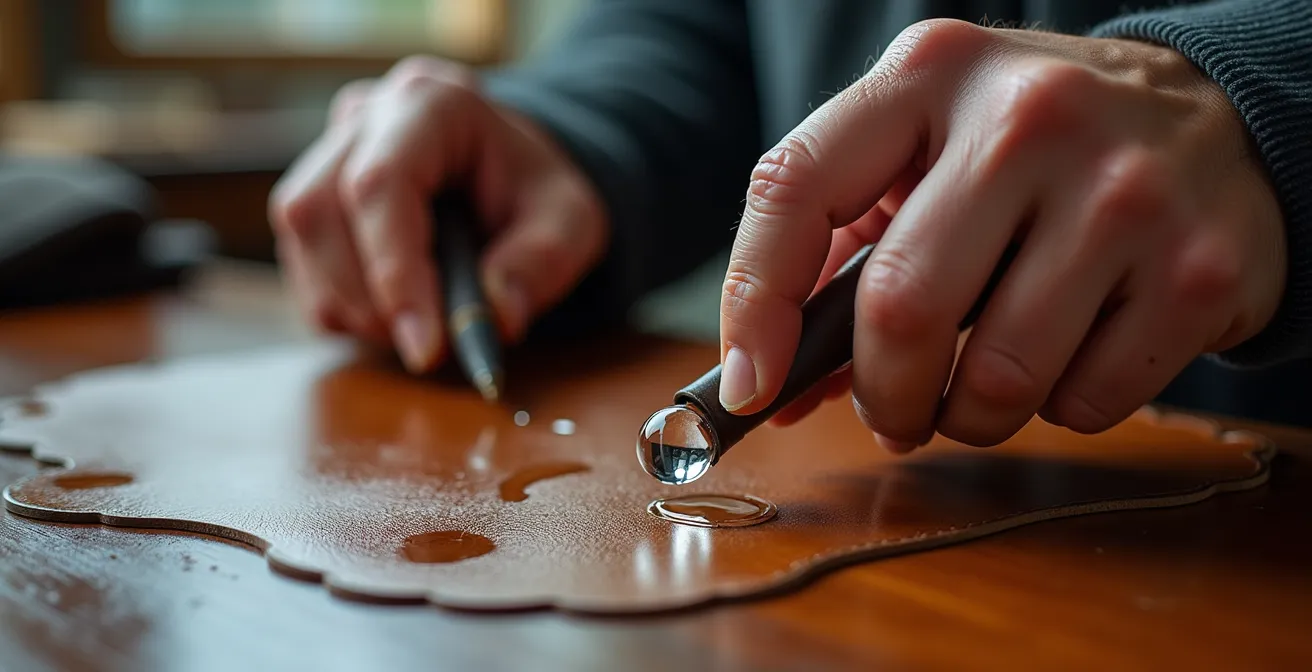 Démonstration des tests de vérification du cuir véritable incluant test de l'eau et observation de la texture