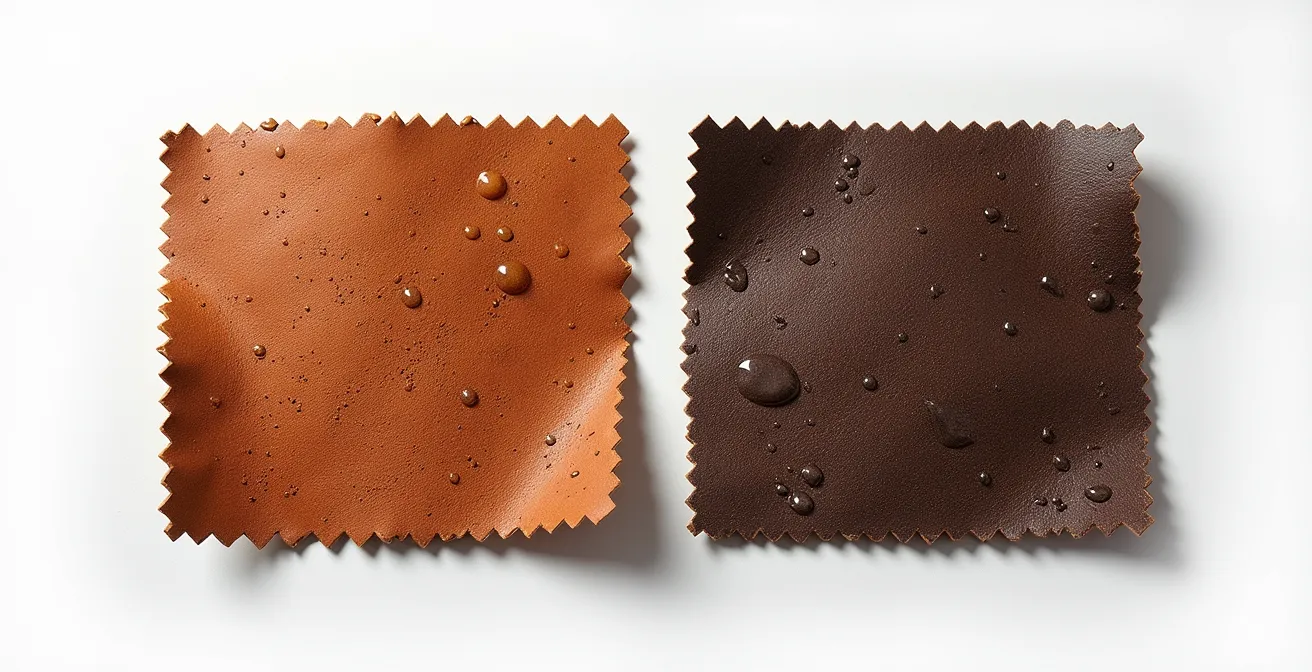 Comparaison visuelle entre cuir véritable et simili-cuir montrant les différences de texture