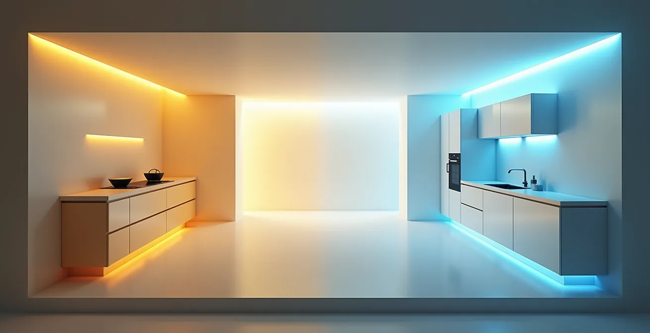 Vue en coupe d'une cuisine montrant les trois niveaux d'éclairage superposés : ambiant, fonctionnel et d'accentuation.