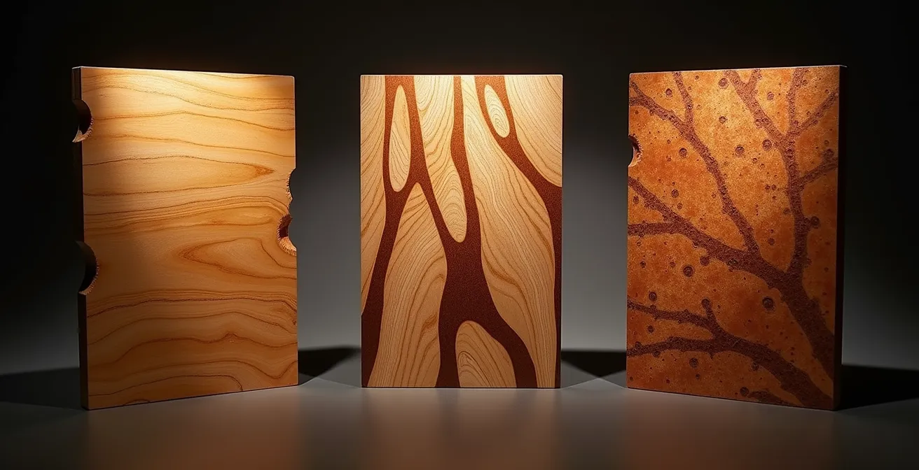 Trois échantillons d'érable montrant les variations ondé, piqué et ambrosia