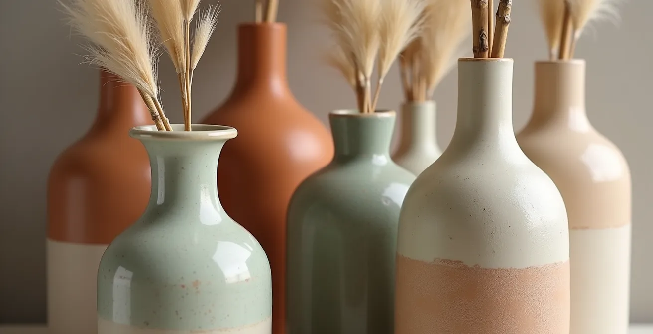 Collection de vases en céramique d'artisans québécois avec branches de bouleau séchées